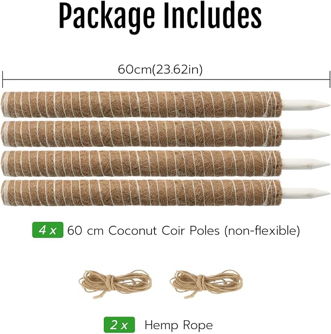 Mcbazel 4 Pack 23.5 Inch Moss Poles, Monstera Plant Support, Stackable Moss Pole for Indoor Plants, Coco Coir Totem for Climbing Plant, Potted, Sphagnum