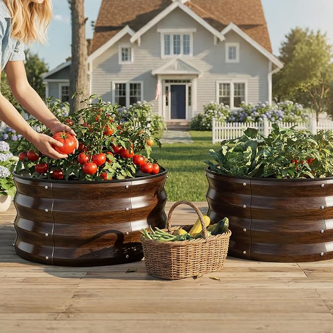 COMHOMA 2 Pack Round Raised Garden Bed 2x2x1ft,Galvanized Metal Planter Box Kit for Outdoor Gardening,Vegetable Flower Herb Growing Beds with Gloves Tools,Brown