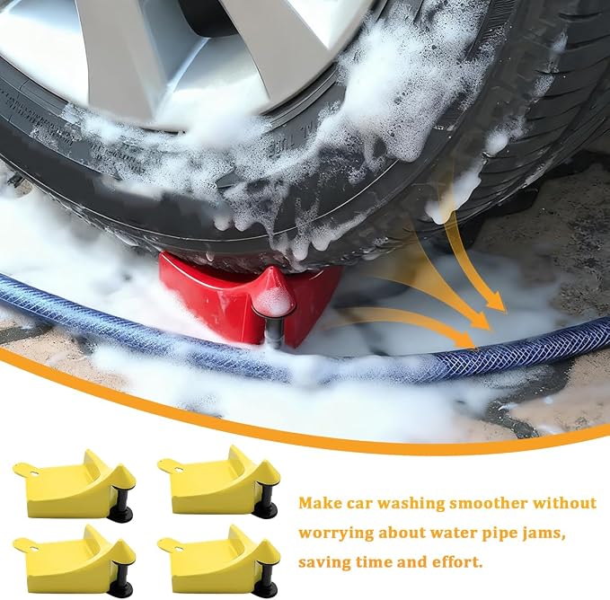 4PCS Car Hose Guide, Vehicle Detailing Cleaning Tools Hose Guides Preventing Wash Stuck Under The Tires, Automotive Wheel Rolling System Tool for Washing, Universal Fit (Yellow)