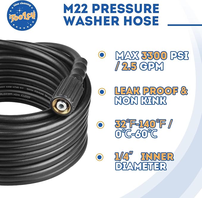 TOOLCY Pressure Washer Hose 50 ft,1/4" Kink Resistant Power Washer Hose M22 Replacement for Ryobi, Troy Bilt, Greenworks, CRAFTSMAN High Pressure Washers, 3300 PSI