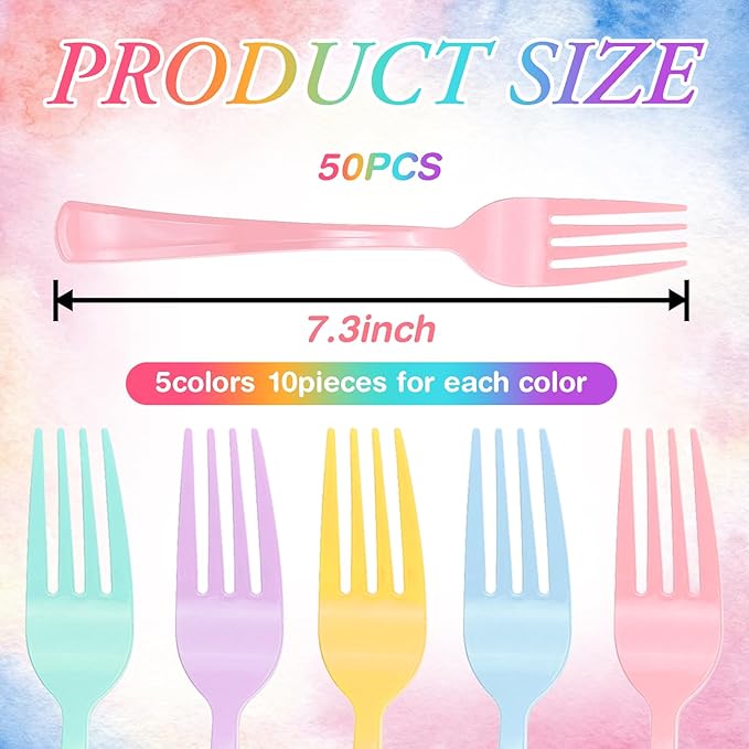 50 Pcs Pastel Plastic Forks, Pastel Plastic Silverware, Heavy Duty Plastic Cutlery Set Disposable Utensils Sets for Brithday, Wedding, Tea Party, Garden Party