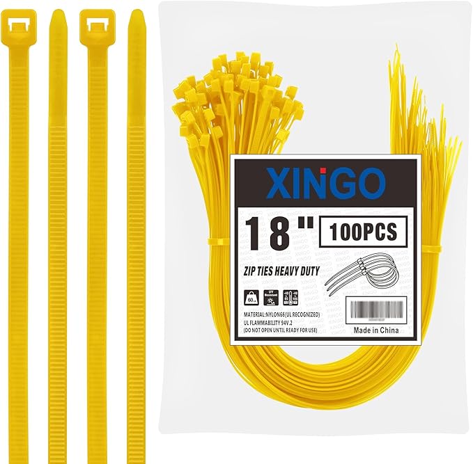 XINGO 18 inch Yellow Zip Ties Heavy Duty (100 Pack), 60lb Tensile Strength, UV Resistant Cable Ties for indoor and outdoor use