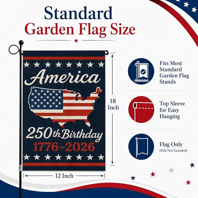 USA 250th Anniversary Garden Flag 12x18 Double-Sided, Patriotic Outdoor Yard Decor 1776-2026 for 4th of July Independence Day, Summer Outside Porch Decorations