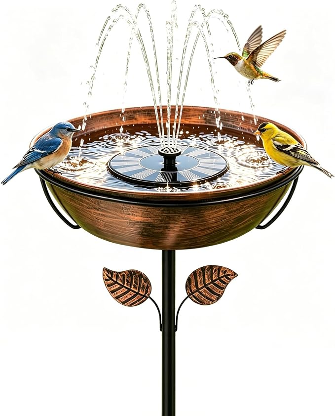 Metal Bird Bath with Solar Fountain for Outside, 3" Deep Removable Birdbaths Bowl with Metal Ground Stake, Easy to Clean Outdoor Bird Bath for Garden Yard Lawn Decor, 1.4 Gallon