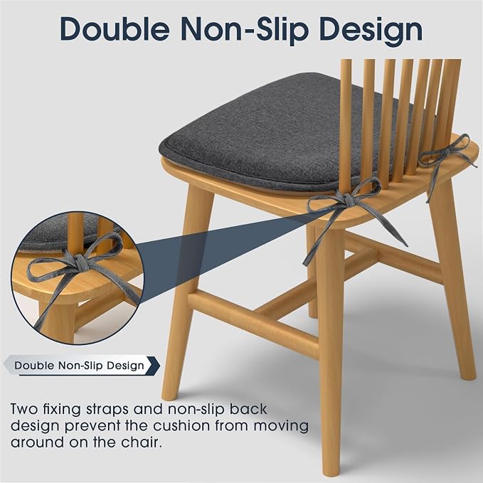 TushGuard Chair Cushions, 4 Pack Memory Foam Chair Pads, Seat Cushion, Kitchen Chair Cushions Set of 4, Anti-Slip Backing & Fixed Straps,Grey