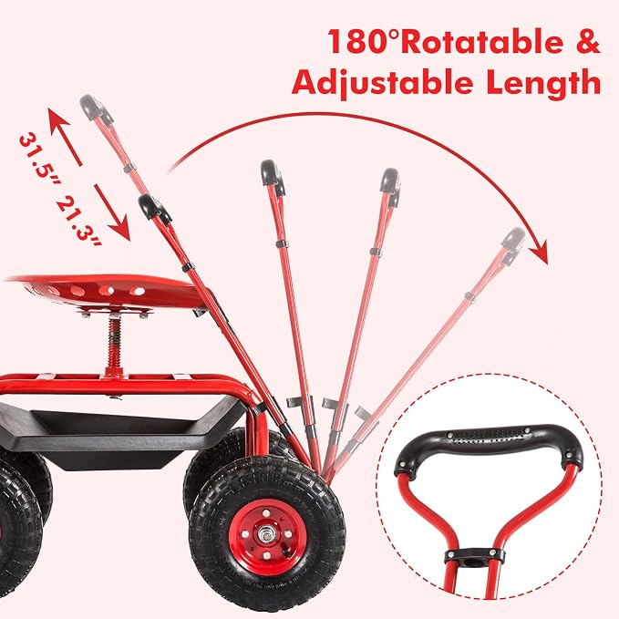 KINTNESS Garden Cart Seat Rolling Scooter Wagon with Extendable Steering Handle Swivel Seat & Utility Basket (Red)