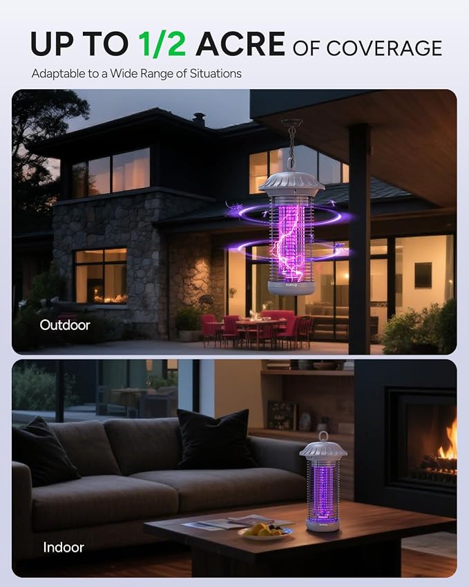 Buzbug LED Bug Zapper Indoor Outdoor, Up to 50000 Hrs Lifespan Lamp, Energy Saving & Dual Band Attraction, 5.6 ft Power Cord, High Voltage Mosquito Fly Zapper Trap Killer -MO008C (Pewter)