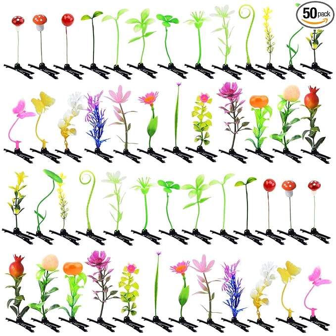 50pcs Bean Sprout Hair Clips Mixed Style Rave Plant Hairpins Flower Plant Hair Clip Funny Butterfly Mushroom Headwear Hair Accessories for Women Kids Girls Lady Home School Party(Mix02)