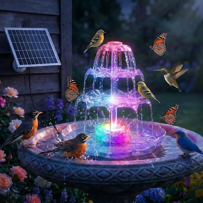AISITIN 6.5W Solar Bird Bath Fountain with 8-Color LED Lights, 3 Tiered Bird Bath & Feeder, Upgraded Detachable Solar Pump for Garden, Patio, Yard, Pond (Auto Pump Day, Light at Night)