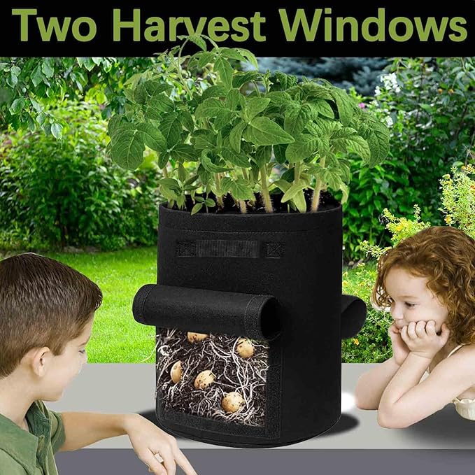 TCBWFY 2 Pack Potato Grow Bags with 2 Flaps 15 Gallon,Heavy Duty 14oz/yd² Planter Pot with Sturdy Handles and 2 Harvest Windows for Potato Tomato and Vegetables