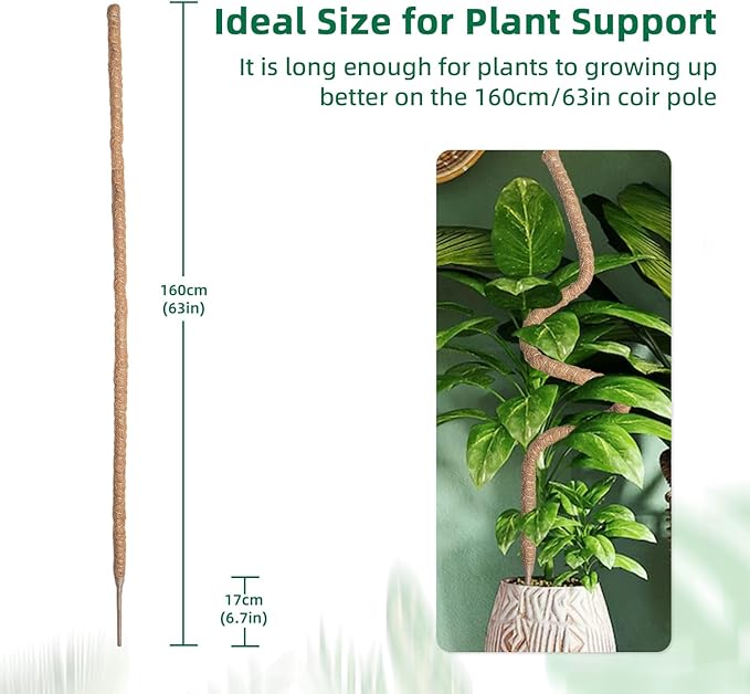 Mcbazel 63 Inch Moss Pole for Plants Monstera, Monstera Plant Support Stick, Bendable Moss Poles Plant Support Stick for Climbing Plants, Stick Support Stake Kit for Potted Plants, Pothos,Philodendron