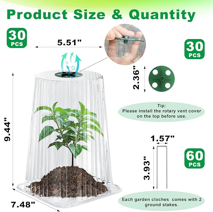 30 Pack Garden Cloches for Plants, Reusable Plant Covers with Adjustable Rotary Vent, Frost Protection, Protect from Animals Snails Birds Insects, Mini Greenhouse, 9.44" H x 7.48" D