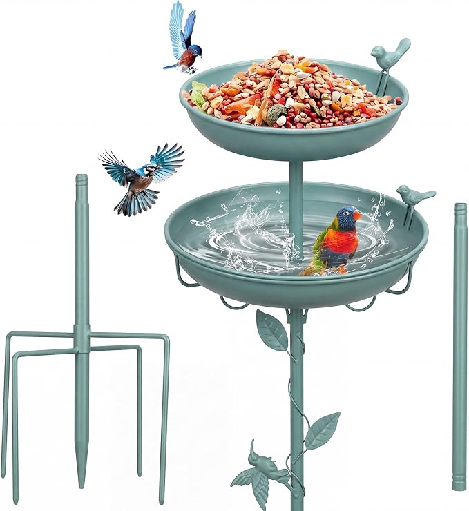 Bird Bath for Outside with 2 Bird Decor, Hummingbird on Pole & Sparrow on Bowl, 38.5 Inch Height Garden Birdbath, 12 Inch Antique Green Freestanding Birdfeeder Bath for Yard Patio