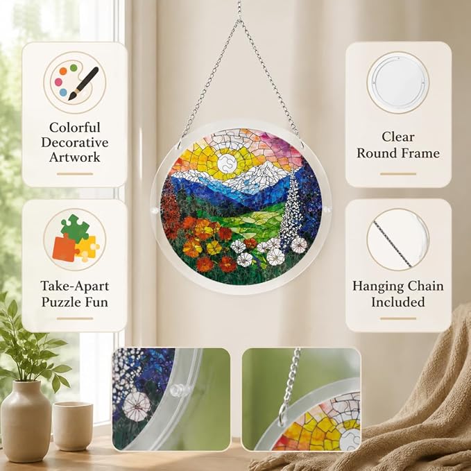 Acrylic Suncatcher Puzzle, 83 Pieces Unique Landscape Sun Catcher Puzzle Kit for Doors Garden and Window Hanging, Colorful Hanging Light Catcher Decor, DIY Suncatcher Kits for Adults, 7.4 in