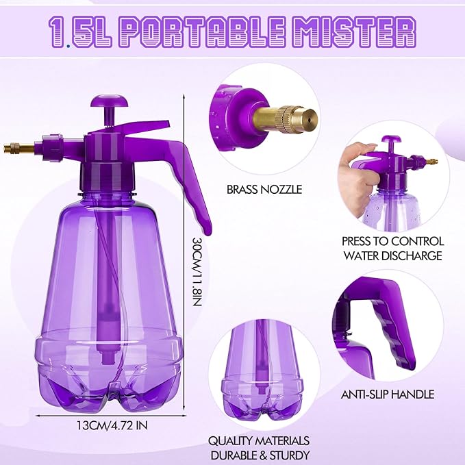 Teenyyou 2 Pcs 1.5 Liter Misters Spray Pump Bottle with Full Neoprene Jacket and Built in Carrying Strap Garden Plant Mister Spray Bottle for Spring Personal Cooling Plants Watering (Purple)