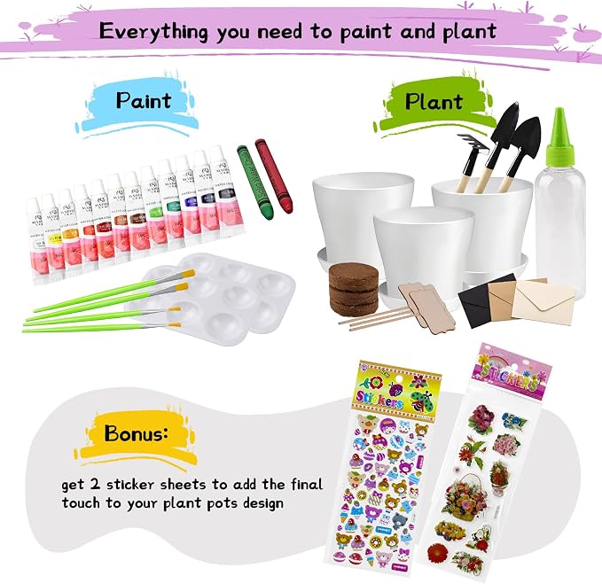 Paint & Plant Children’s Gardening Kit for Girls Boys Toys Garden Flower Gardening Gift for Kids Flower Pots Seeds Art Craft Grow Garden Planting Set for Kids Age 4 5 6 7 8 9 10 11 12 13 14 Years Old
