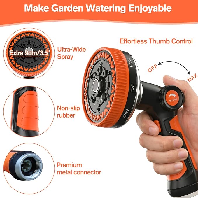 Rosy Earth Garden Hose Nozzle, Heavy Duty Metal Water Hose Sprayer, 9cm/3.5" Ultra-Wide Garden Hose Sprayer, 8 Patterns, Thumb Control Water Hose Nozzle High Pressure for Watering, Cleaning, Car, Pet