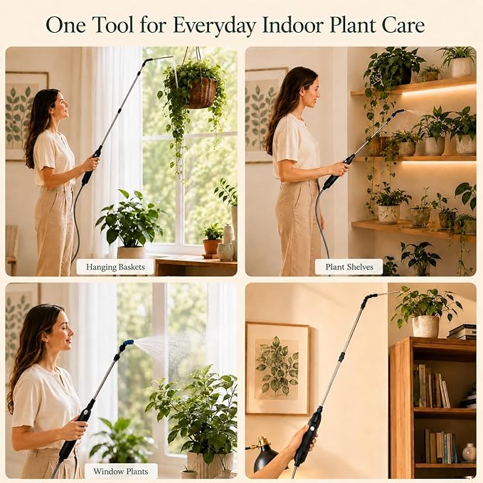 High Reach Plant Waterer for Indoor Plants, Electric Hanging Plant Waterer with 25.6"–35.4" Telescoping Watering Wand, 2000mAh Rechargeable Indoor Plant Watering Device with 6.8 ft Hose & Spray Nozzle