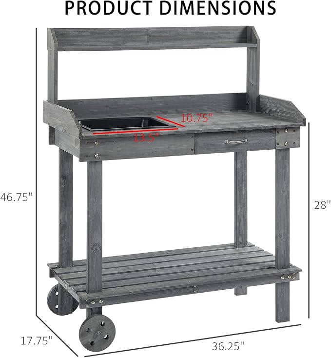 Potting Bench with Sink 36'' Garden Work Bench Mobile Planting Table with Wheels Drawer and 3-Tier Shelves for Patio Backyard Greenhouse Gray