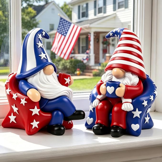 4th of July Gnome Decorations 2 PCS Resin Patriotic Figurines Indoor Collectible Gifts Cute Holiday Decor for Table Home