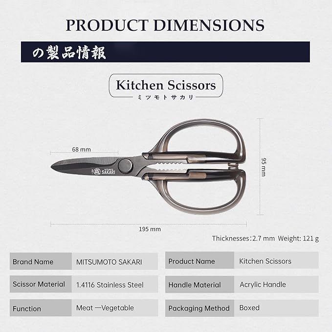 MITSUMOTO SAKARI Japanese Kitchen Scissors, Heavy Duty Detachable Kitchen Shears with Titanium-Plated Stainless Steel Blades, Clear Acrylic Handles for Meat, Fish, Nuts & Vegetables