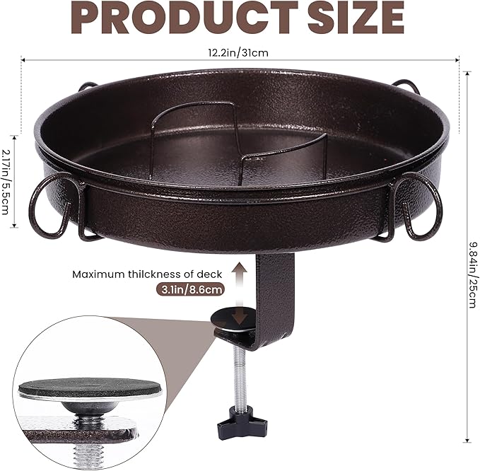 Deck Mounted Bird Bath 12 Inches,with Adjustable Metal Clamp Up to 3.4 Inches,Wall Mount Bird Bath for Railing,Fence,Patio