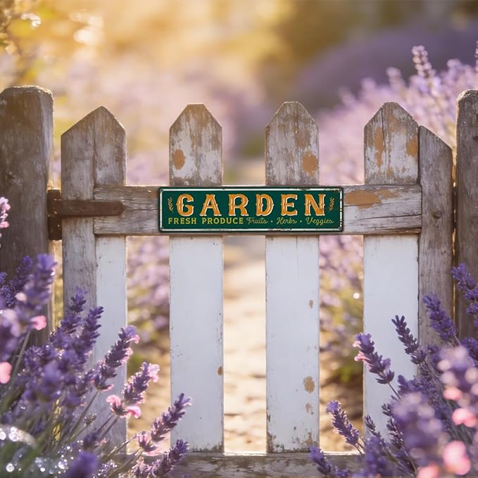 Garden Metal Tin Sign, Fresh Produce Fruits Herbs Veggies, Vintage Farmhouse Outdoor Wall Decor, for Garden Porch Patio Fence Yard, for Gardening Lovers, 15.7 x 3.9 Inches