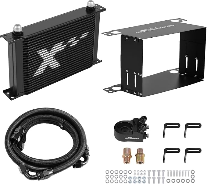 maXpeedingrods 25 Row Engine Oil Cooler Kit, 10AN Transmission Engine Cooler British Radiator Universal Aluminium Black, Thermostatic Oil Filter Sandwich Adapter, Air Guide Kit and Oil Cooler Hoses