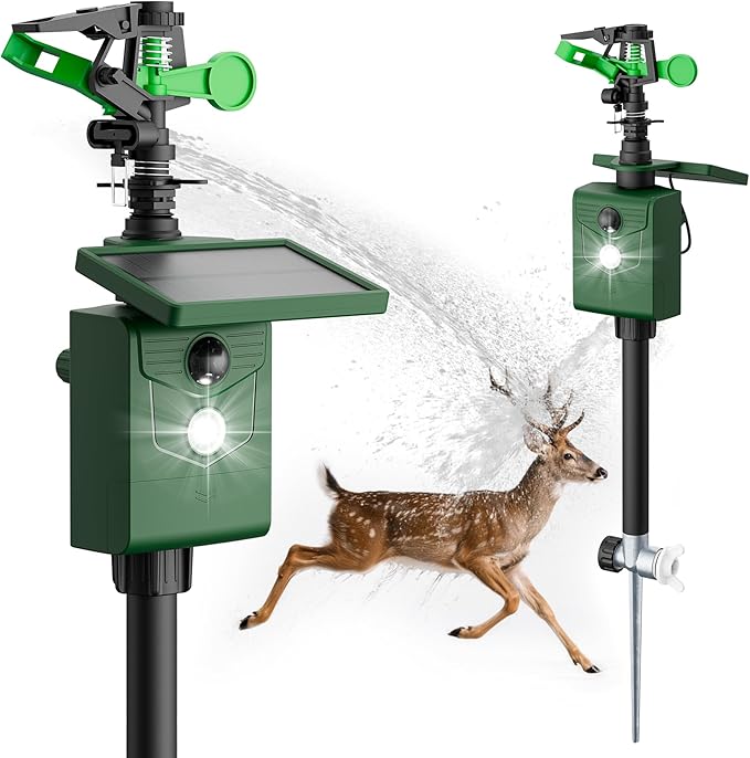 2 Packs Motion Activated Deer Repellent with Water Sprinkler, Solar Powered Cat Repellent Outdoor, IP65 Waterproof Deer Repellent Devices with Flashing Light, Deter Dogs Skunks Raccoons from Garden