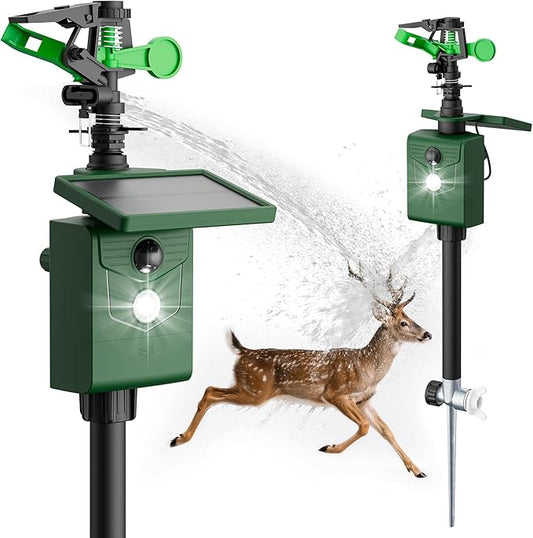 2 Packs Motion Activated Deer Repellent with Water Sprinkler, Solar Powered Cat Repellent Outdoor, IP65 Waterproof Deer Repellent Devices with Flashing Light, Deter Dogs Skunks Raccoons from Garden