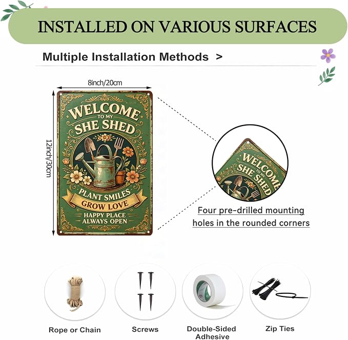 2D Flat Funny Garden Signs, Welcome to My She Shed Vintage Garden Decor, Outdoor Wall Decor for Patio Yard Greenhouse Home, Waterproof Garden Gifts 8x12 Inch