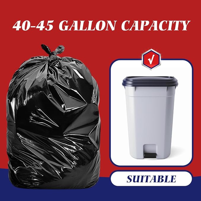 Teivio Black Large Trash Bags 40-45 Gallon 26 Count | Large Multipurpose | Fit 35,39,40,42,45 gallon Garbage Bin Liner | Kitchen | Lawn And Leaf Bags Outdoor Yard Waste Bag | Workshops Trash