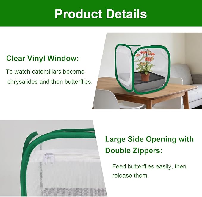 Butterfly Habitat Cage 12" x 12" x 12", Pop-up Butterfly & Insect Habitat Enclosure with Poop Tray for Easy to Clean, Small Foldable & Reusable Caterpillars Mesh Cage Terrarium for Indoor Use.