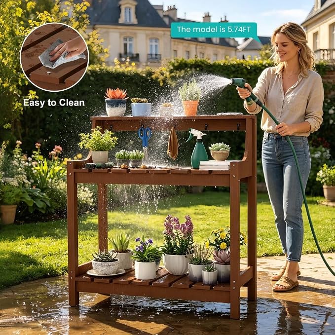 Potting Benches for Outside, HDPE Garden Potting Table All Weather, Outdoor Potting Table with Storage for Patio, Backyard, Garden, Brown