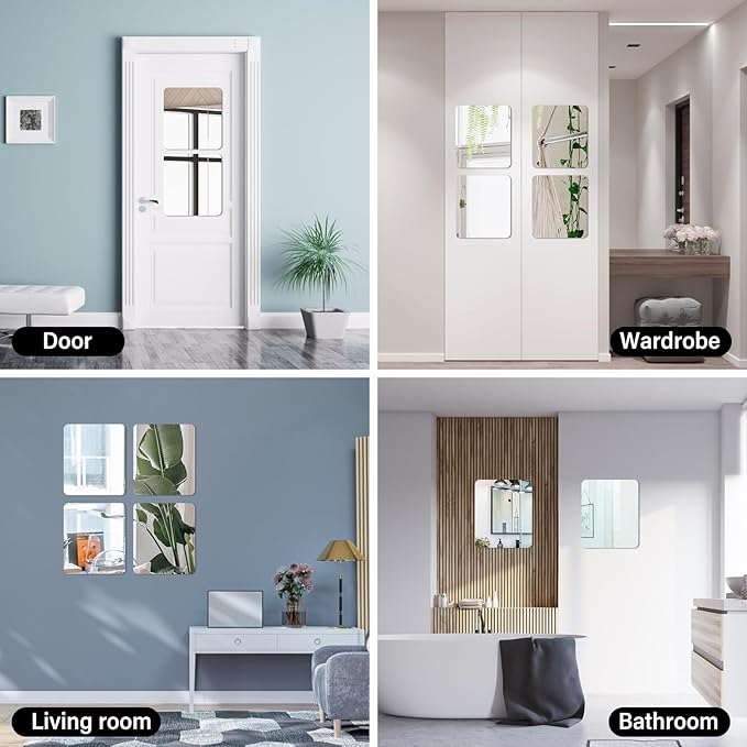Fantasyon 4 Pieces Flexible Mirror Sheets, 2mm Thickness Decorative Self Adhesive Plastic Mirror Tiles Non Glass Mirror Stickers for School Educational and Home Wall Decor (11.8 × 13.8 Inches)