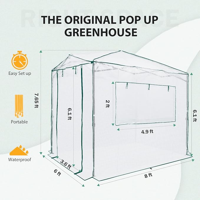 EAGLE PEAK 8x6 Portable Walk in Greenhouse, Pop Up Indoor Outdoor Greenhouse, Green House Kit with Zippered Roll-Up Doors and Windows, PE Cover, Clear/White