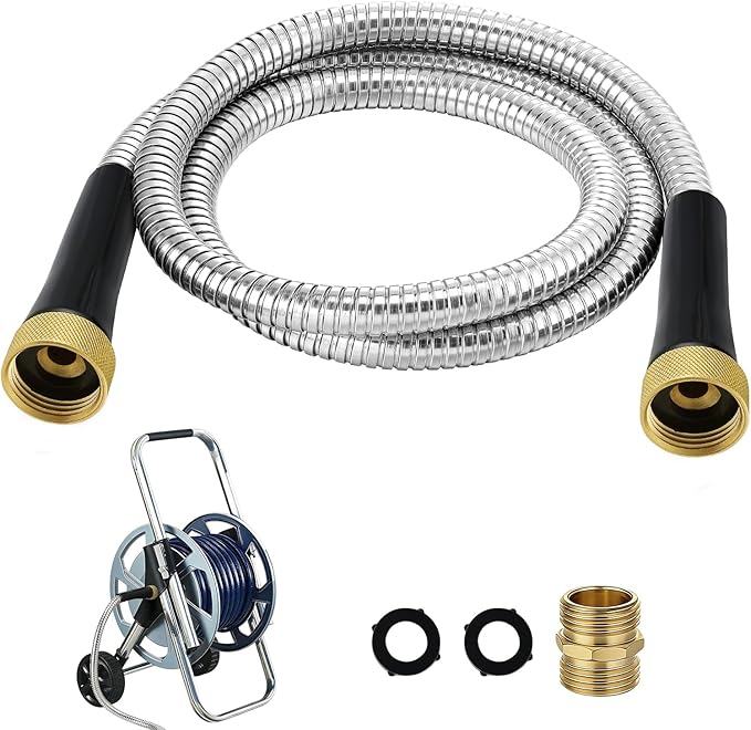 5ft Female to Female Short Garden Hose with Brass Fittings - Stainless Steel Metal Leader Hose Connector for Hose Reel, Heavy Duty & Flexible, for Outdoor Cleaning Car Pet