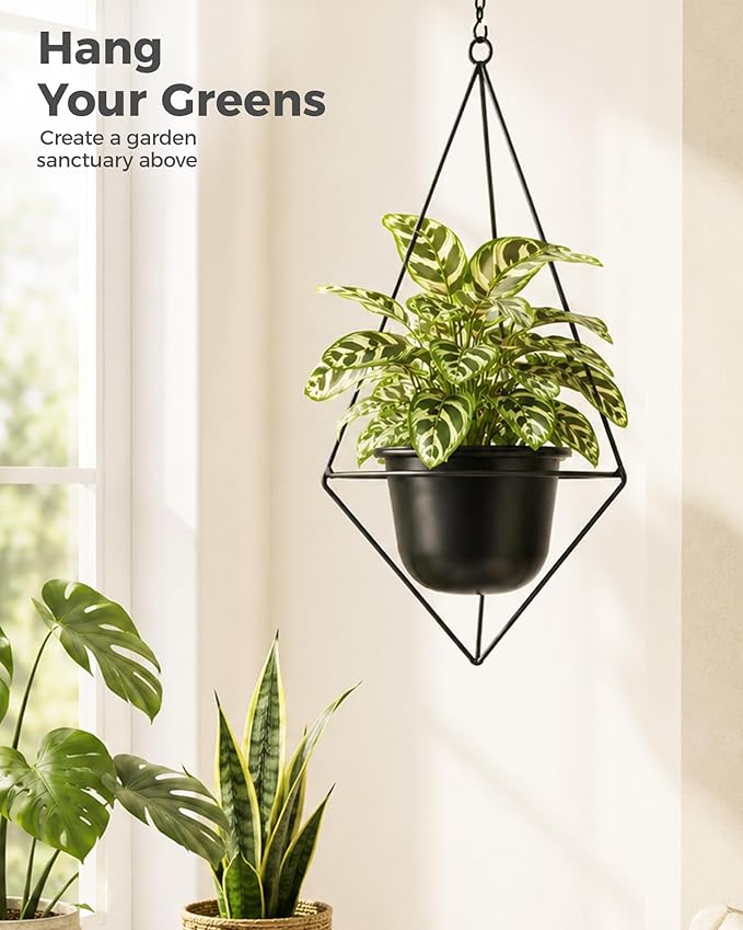 Bamworld Black Hanging Planters for Indoor Outdoor Plants Metal Hanging Pots for Plants 5 Inch Modern Hanging Basket Window Plant Hanger Ceiling Hanging Flower Pot with Chain for Wall Decor (Diamond)