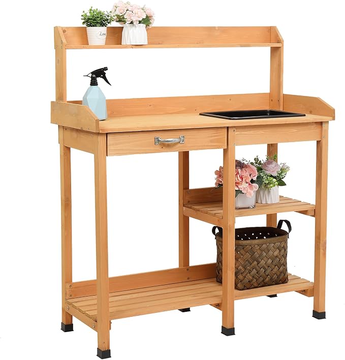 Garden Potting Bench,Wooden Garden Workbench with Storage Shelves for Patio,Backyard and Porch (Burlywood with Drawers and Sink)