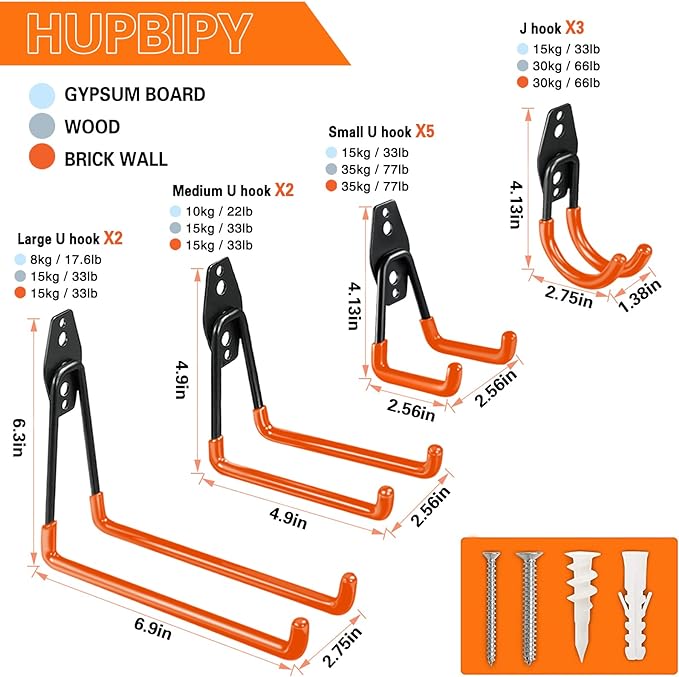 HUPBIPY 12 Pack Garage Hooks Heavy Duty, Wall Mount Hooks | Anti-Slip Coating, Wall Mount Storage Organizer for Hanging Bicycles Garden Tools Ladders Hoses Ropes and Loose Items(Orange)