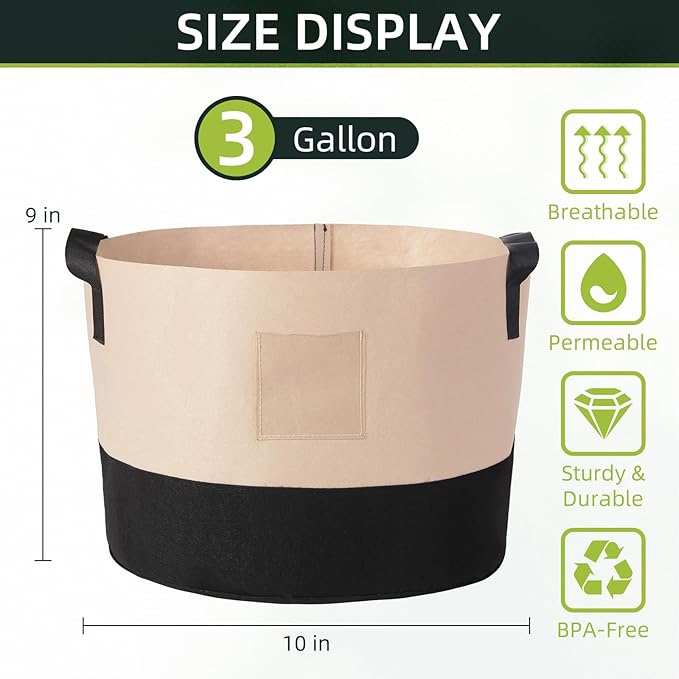 LITLANDSTAR 3 Gallon Fabric Grow Bags, 10 Pack Heavy Duty Thickened Nonwoven Plant Grow Bags with Handles and Label Bags, Fabric Plant Pots for Growing Vegetables Flowers Herbs (Black Mixed Camel)