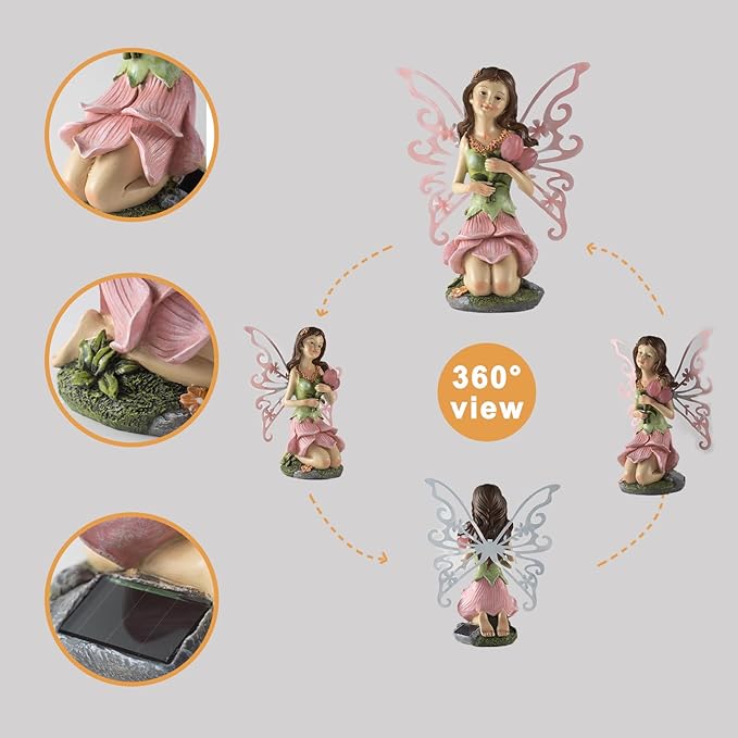Suyorpe Solar Fairy Garden Statue Lights Outdoor Decor - Fairies Pink Flower Resin Waterproof Figurine for Patio Backyard Yard Lawn Decoration,Gift for Mom Grandma Wife