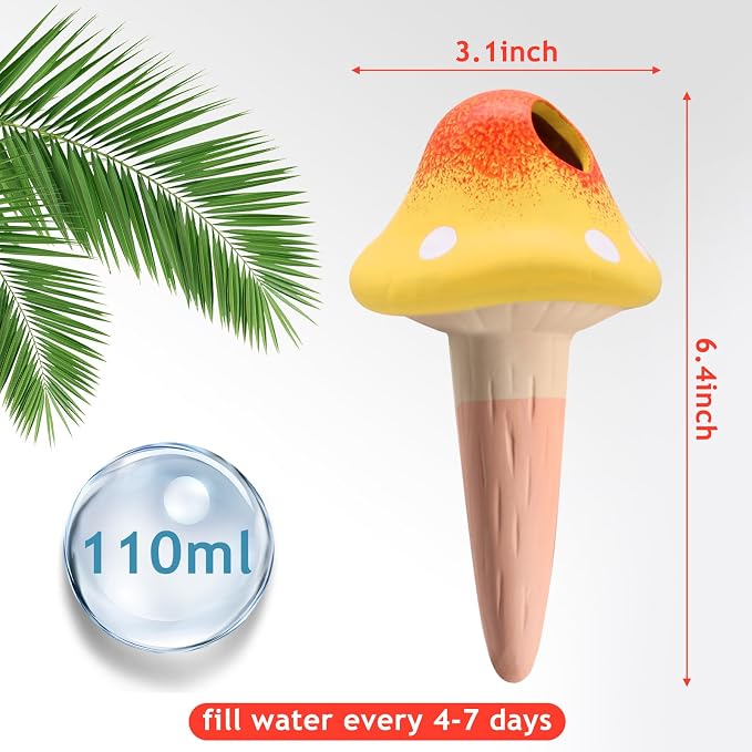 4 Pack Terracotta Watering Spikes, Vacation Self-Watering Planters Devices, Continuous Moisture with Slow Release Watering System Mushroom Shape