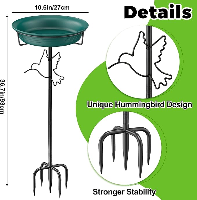 Bird Baths for Outdoors, Detachable Birdbaths for The Garden Clearance, Heavy Duty Freestanding Bird Baths, Bird Bath Bowl Spa & Birdfeeder with 5-Pronged Metal Stake Stand (Green-2)