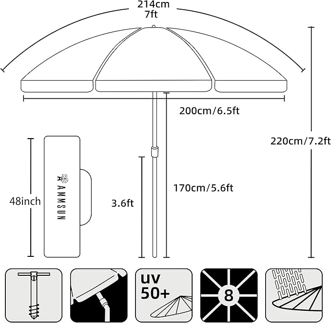 AMMSUN 7ft Heavy Duty High Wind Beach Umbrella Parasols with Sand Anchor Vent Tilt UV 50+ Sun Protection Portable Outdoor Sunshade Umbrellas Carry Bag for Patio Garden Pool Backyard Blue