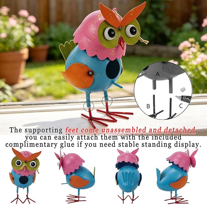 Metal Owl Garden Statues Yard Art Animal Figurines Hanging Birdhouse Outdoor Decor Lawn Ornaments Decorative Bird House for Outside