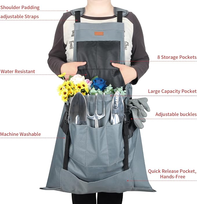 Gardening Apron with Pockets for Women&Men, Harvest Aprons w/Quick Release Pocket, One Size Fits Most, Gardening Gift