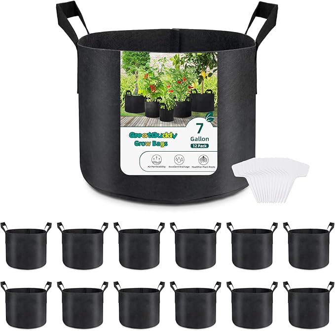 GreatBuddy Grow Bags 7 Gallon 12-Pack, Heavy Duty Fabric Grow Bags with Handles for Vegetables, Herbs, and Tomatoes, Fabric Pots & Planting Bags for Outdoor Home Gardening