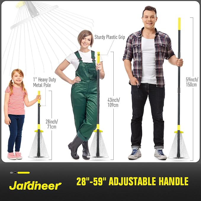 Jardineer Garden Rake for Leaves - Adjustable Metal Leaf Rake with Expandable Head and 59 Inch Long Handle, Rake for Camping, Debris, Tight Spaces and Yard Waste Removal