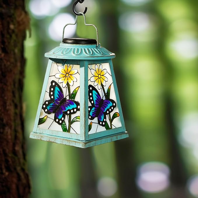 Butterfly Solar Lantern with Shepherd Hook, Outdoor Hanging Metal LED Garden Light Waterproof for Patio Yard Pathway, Butterfly Lantern Decor and Christmas Holiday Gift for Mom Grandma Women | Butterfly metal solar lantern with shepherd hook, S-hook, I...